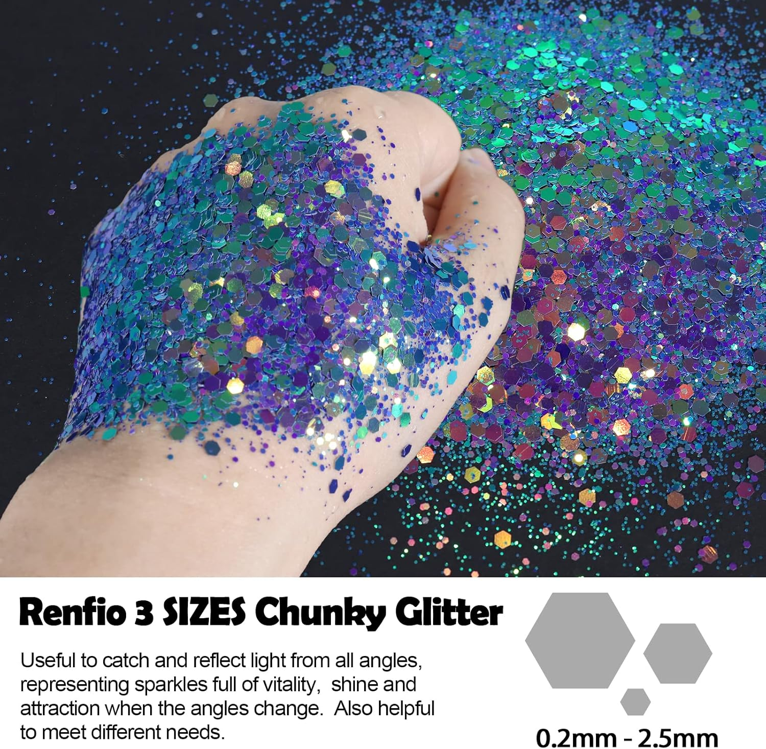 Renfio Chameleon Chunky Glitter, Mixed Fine Powder Color Shift 1.75 Oz (50G) PET Flake Hexagon Purple Copper Green Glitters Sequin Resin Pigment Chip Dust for Slime Painting Craft Hair Nail - Mermaid