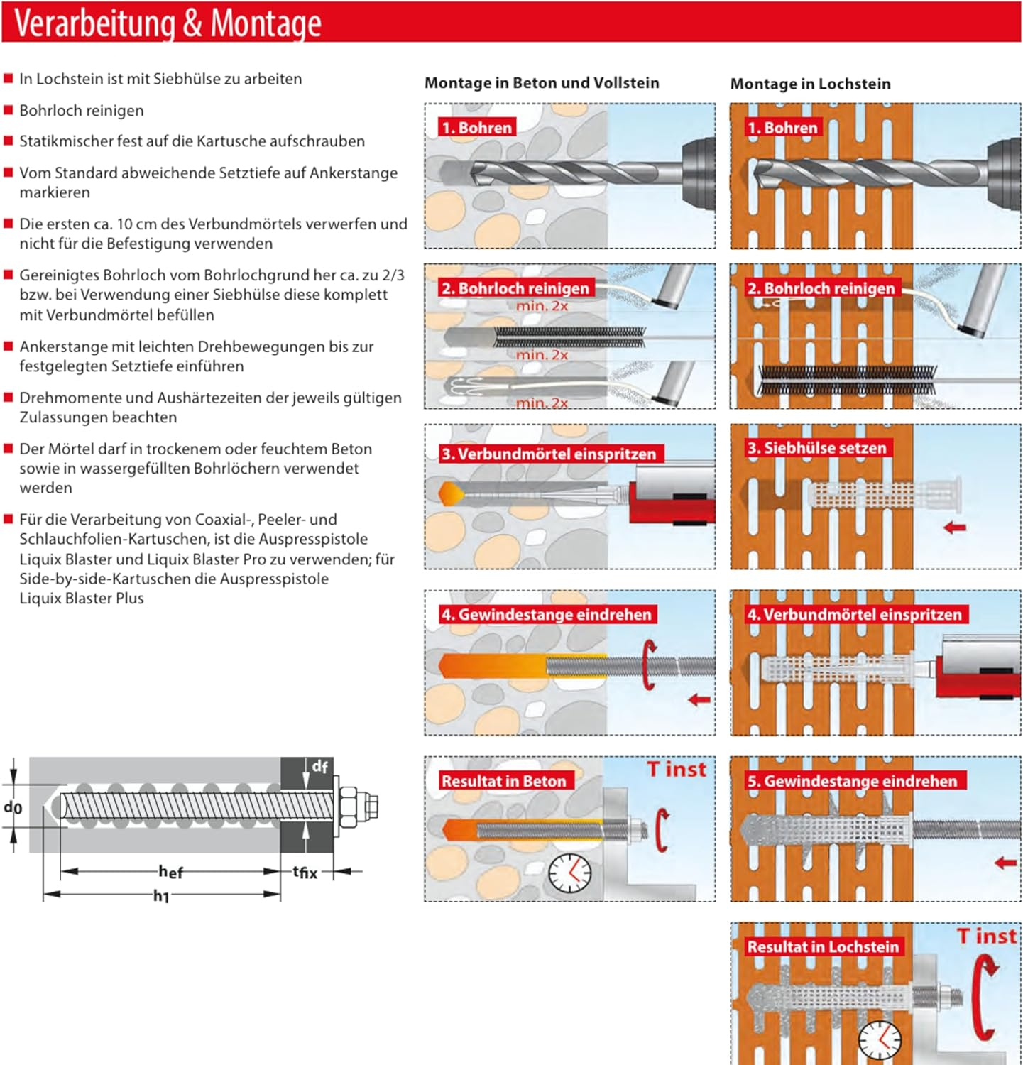 Heavy Duty Mounting Set with Approval: 10 X 10 X 130 Mm Anchor Rods Gvz. + 1X Liquix Pro 1 + 10X 16 X 85 Mm Sieve Sleeves, Mounting Kits M6-M16 (Galvanised Steel, M10 X 130 Mm)