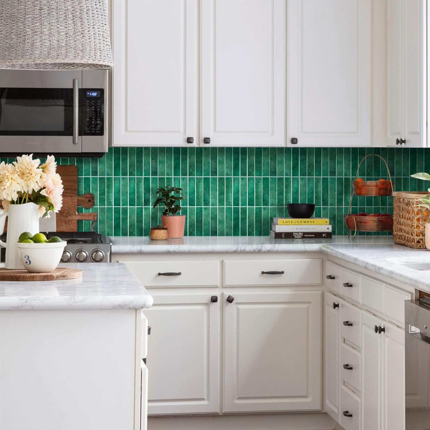 Commomy 10 Pcs 3D Green Peel and Stick Backsplash Tile, 11.8"X11.8" Matte Ultra-Light Thin PVC Self Adhesive Wall Panels Stick on Tile Stickers for Kitchen, Bathroom, Renters, Interior Wall Decor image number 6