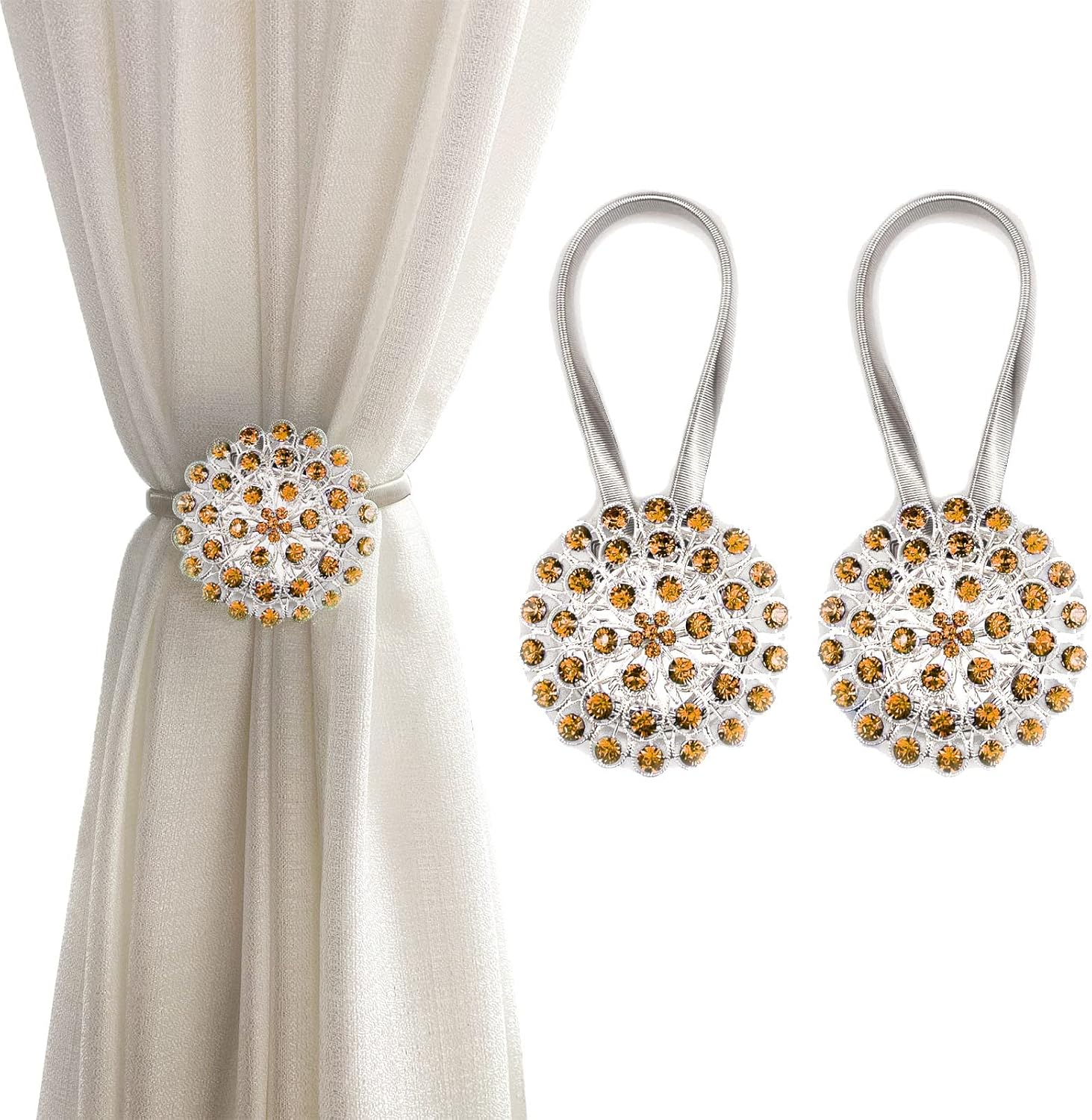 Magnetic Tiebacks for Curtains, 2 Pack Sparkling Crystal Flower Curtain Tiebacks Curtain Buckle Clips with High-Elastic Spring Wire for Home Office Decoration (Yellow) - Green image number 4
