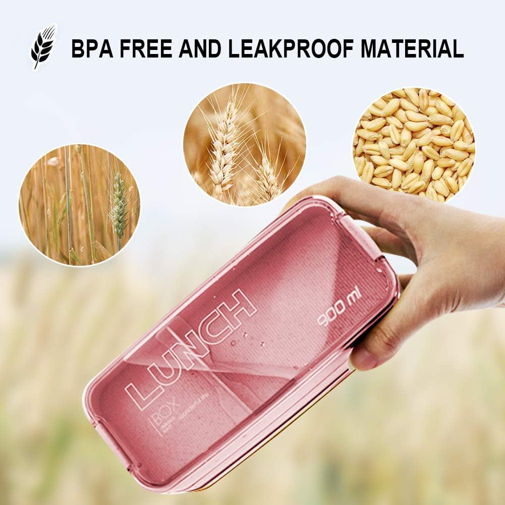 Iteryn Bento Adults Lunch Box, Stackable Bento Box, 3-In-1 Compartment - Wheat Straw, Leakproof Bento Lunch Box Meal Prep Containers - Khaki+Pink image number 6