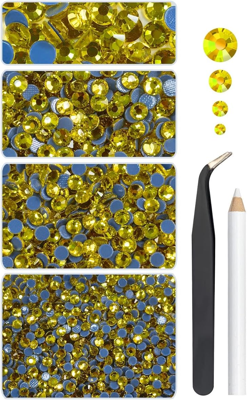 Qiipii Hotfix Rhinestones Flatback Golden Rhinestones for Crafts Clothes 4 Sizes SS10-SS30 Hot Fix K9 Glass round Champagne Gold Crystals Stones Gems W Pick Pen for Crafting Shoes Bag DIY Decoration