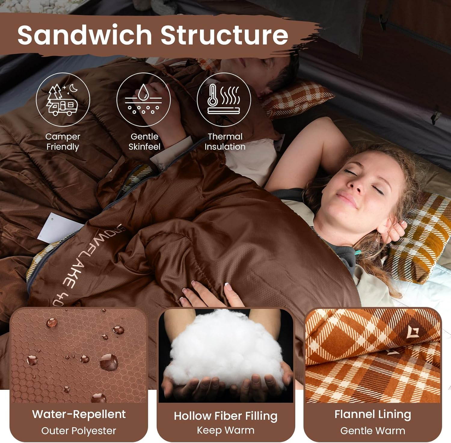 Kingcamp Cotton Flannel Sleeping Bag, Big and Tall Sleeping Bags for Adults Cold Weather, Zip Together for 2P Sleeping Bag for 3 Season, Lightweight, Water Resistant for Family Camping Backpacking - 5.7Lbs Coffee Right image number 5