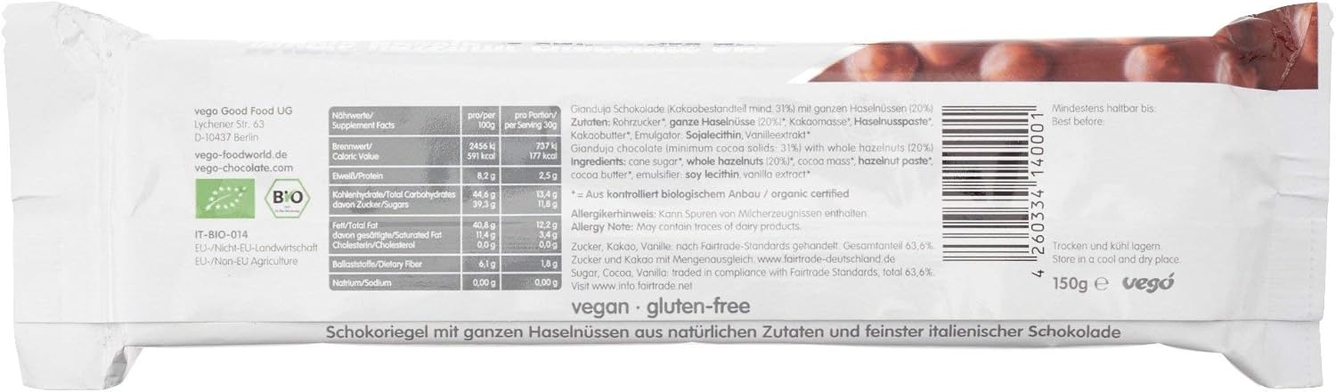 VEGO Whole Hazelnut Chocolate Bar, 150G image number 1