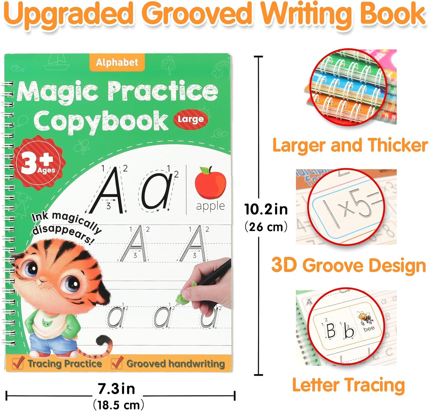 Large Magic Grooved Practice Copybook 5 Pack, Reusable Grooved Handwriting Workbook with Handwriting Aid Magic Pen, Learn to Write Number Letter Tracing for Kids 3-8 Preschool Calligraphy 10.2&times;7.3" image number 3