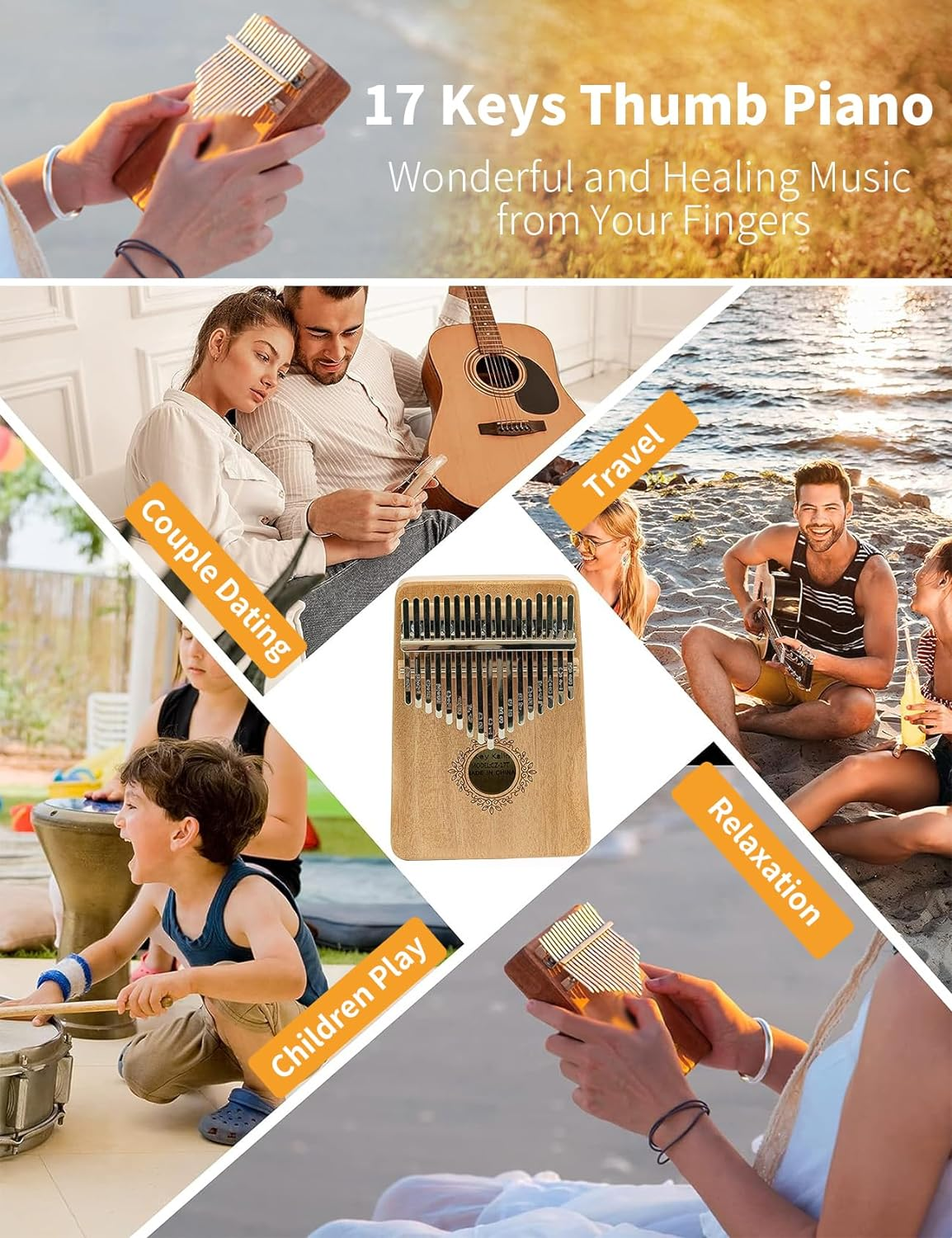 17 Key Kalimba Thumb Piano - Wood Finger Piano with Mahogany Body, Portable Mbira for Kids, Adults, Beginners, Professionals (01) image number 6