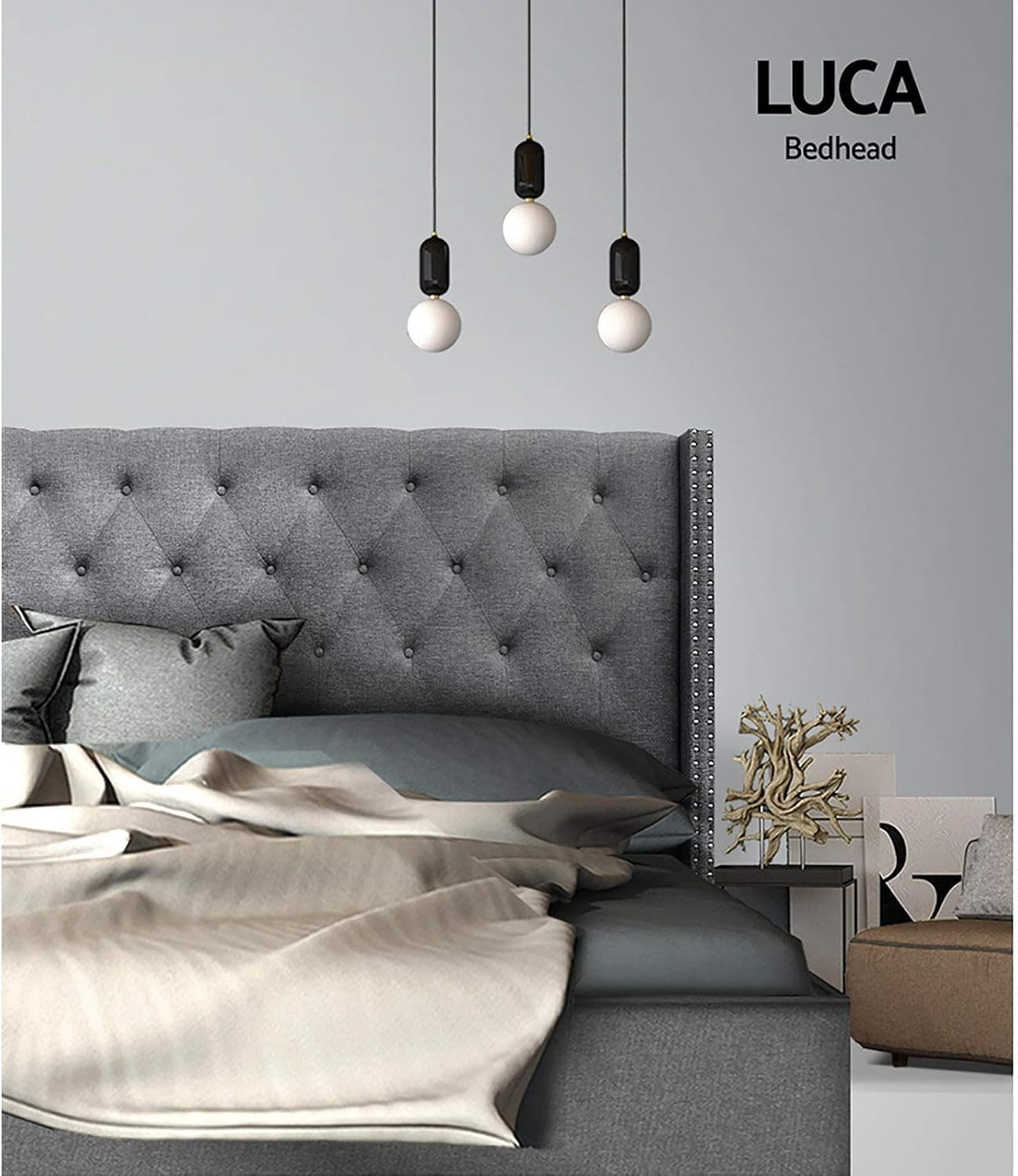 Artiss King Bed Headboard Headboards Wingback Tufted Beds Head Frame Base Upholstered with Grey Faux Linen Fabric Foam Wood, 196Cm X 120Cm X 15Cm