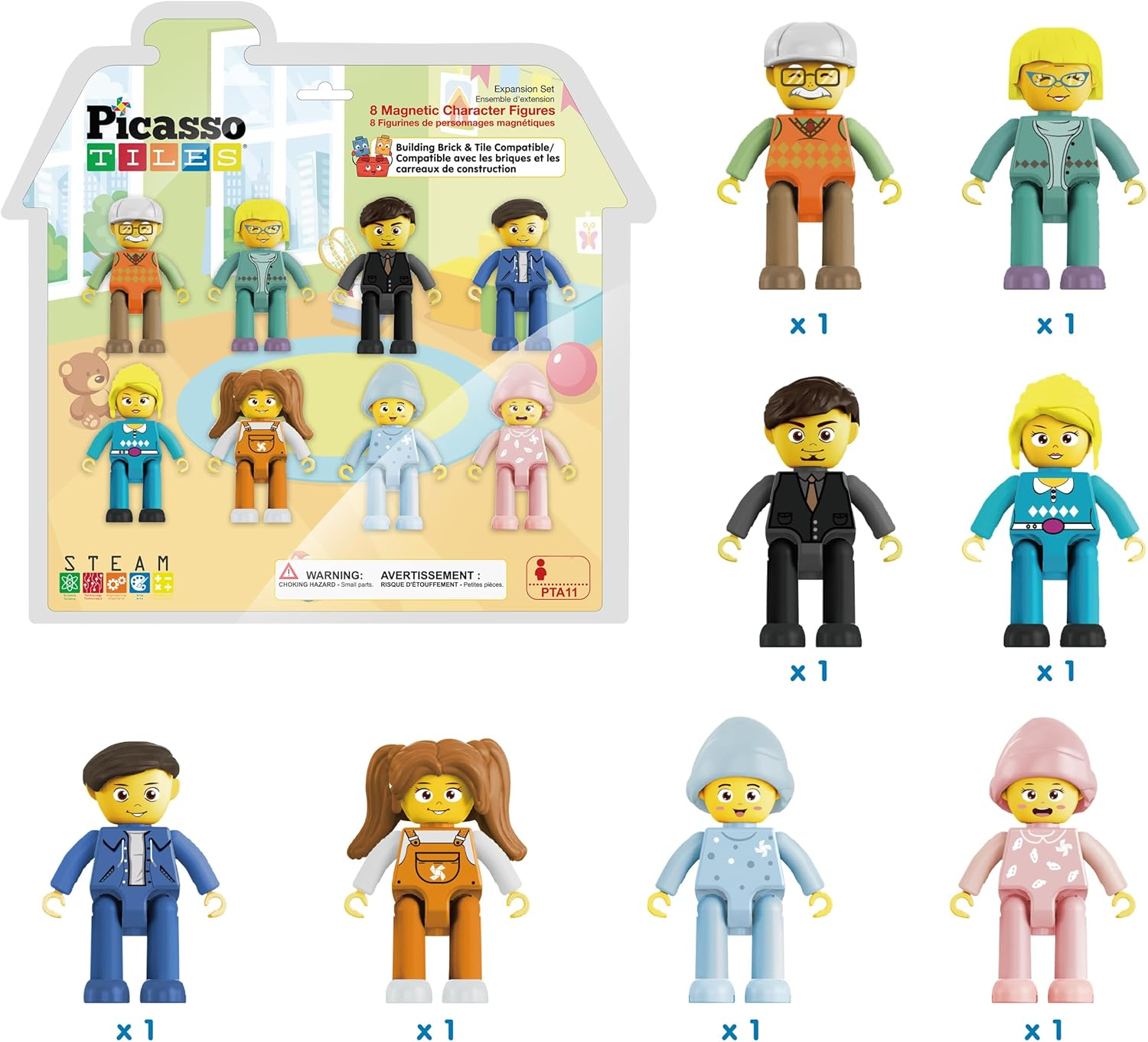 Picasso Toys Magnetic Action Figures 8 Piece Family Character for Construction Building Block Tiles Toddler Toy Set Magnet Expansion Variety Pack Educational STEM Learning Kit Pretend Playset PTA11 image number 3