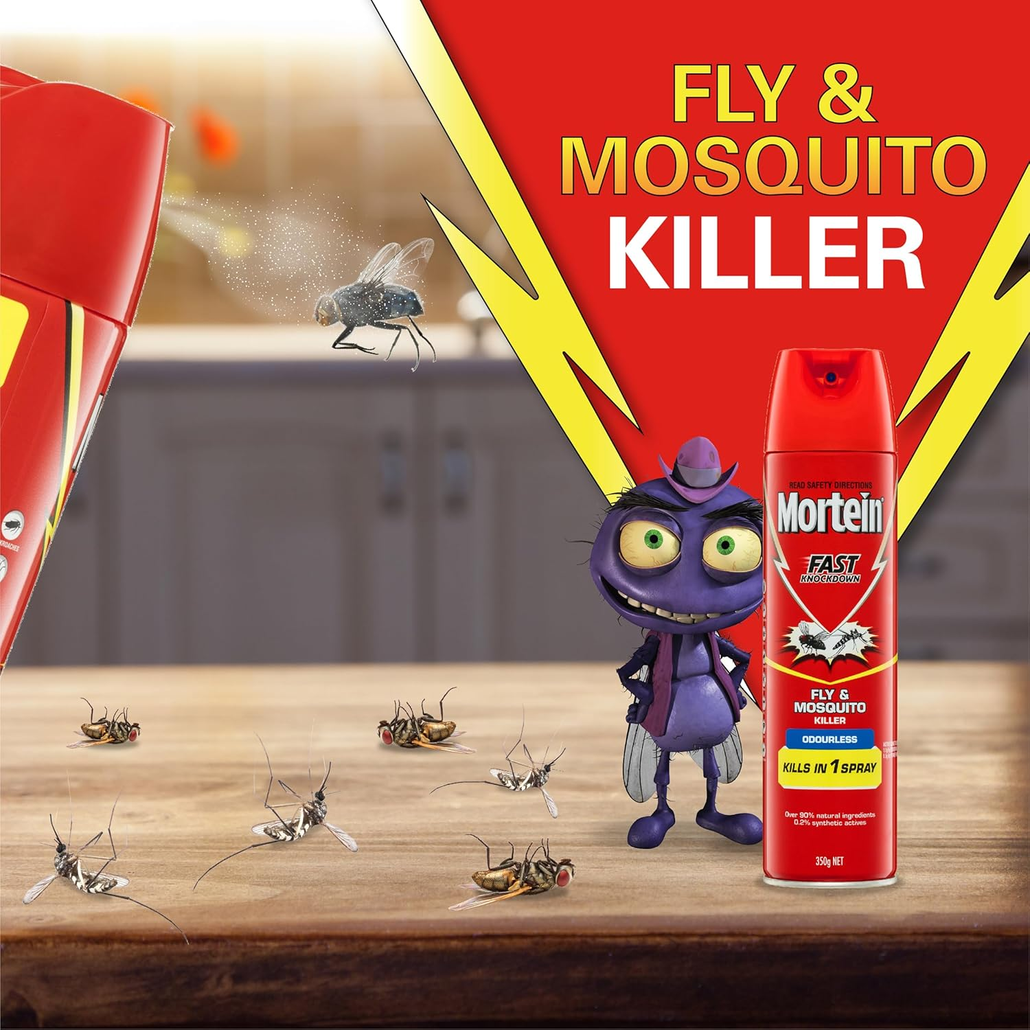 Mortein Fast Knockdown Insect Spray Odourless Fly & Mosquito Killer 350G image number 2