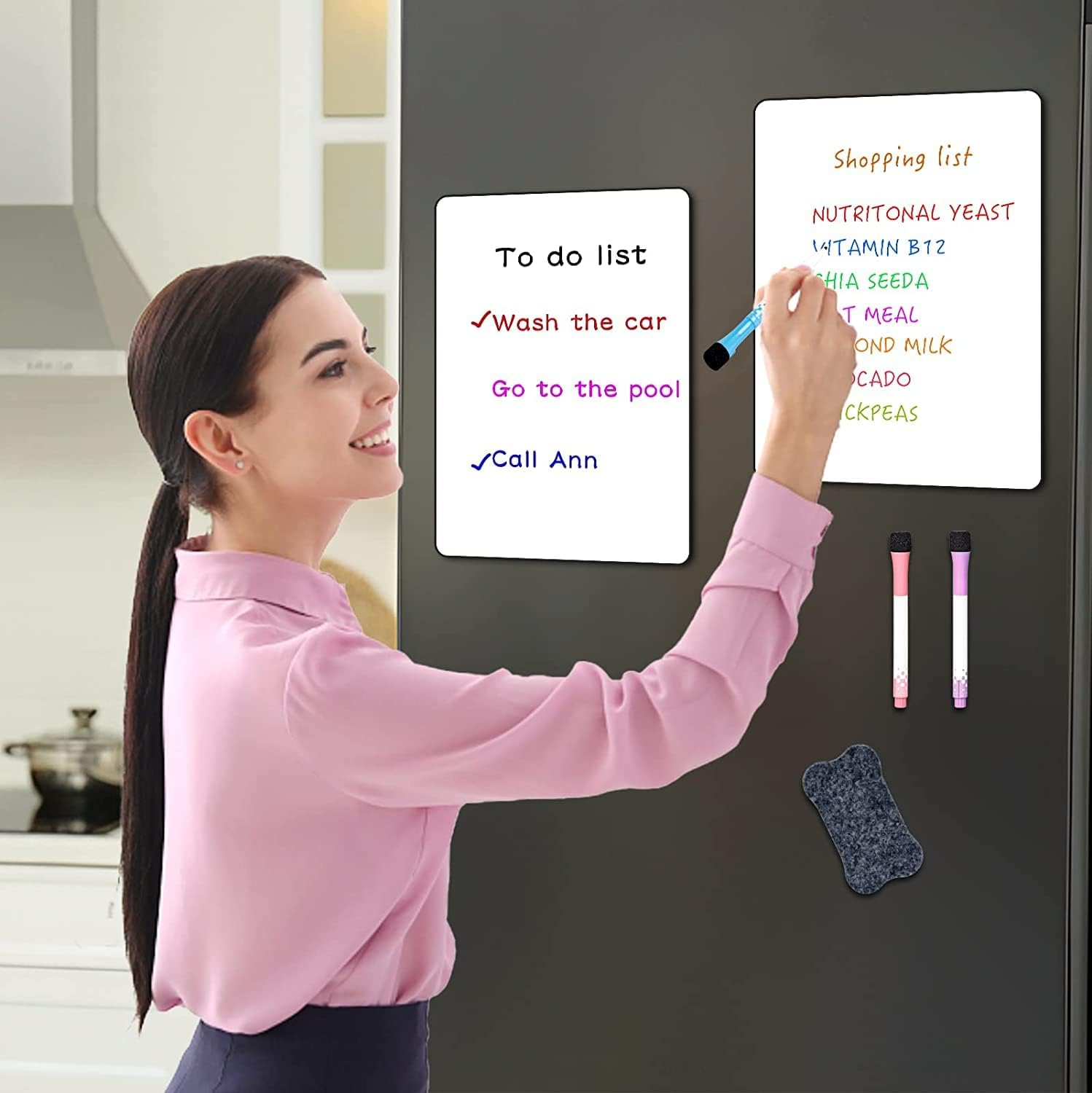 2Pcs Magnetic Dry Erase Whiteboard for Fridge, Magnetic Dry Erase Board Sheet with 4 Dry Erase Markers and 1 Eraser with Magnets, 2 Magnetic Pins, Magnetic Whiteboard for Fridge image number 6