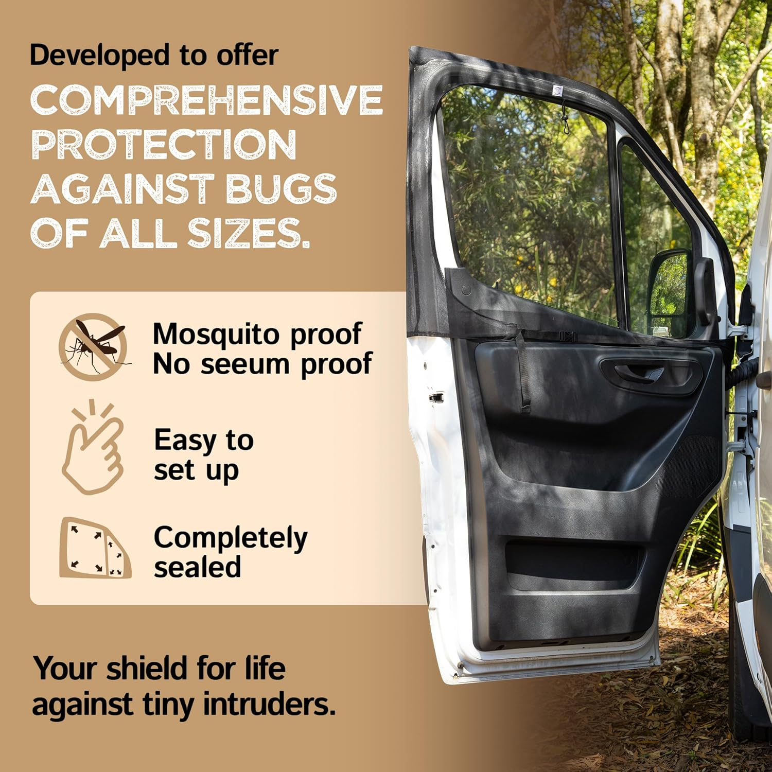 Living in a Bubble Van Bug Screen for Front Windows, Universal Size for Mercedes Sprinter, Vito, Hiace, Iload, Crafter, Master & Other Vans and Cars - Car Living Essentials & Van Life Accessories image number 5