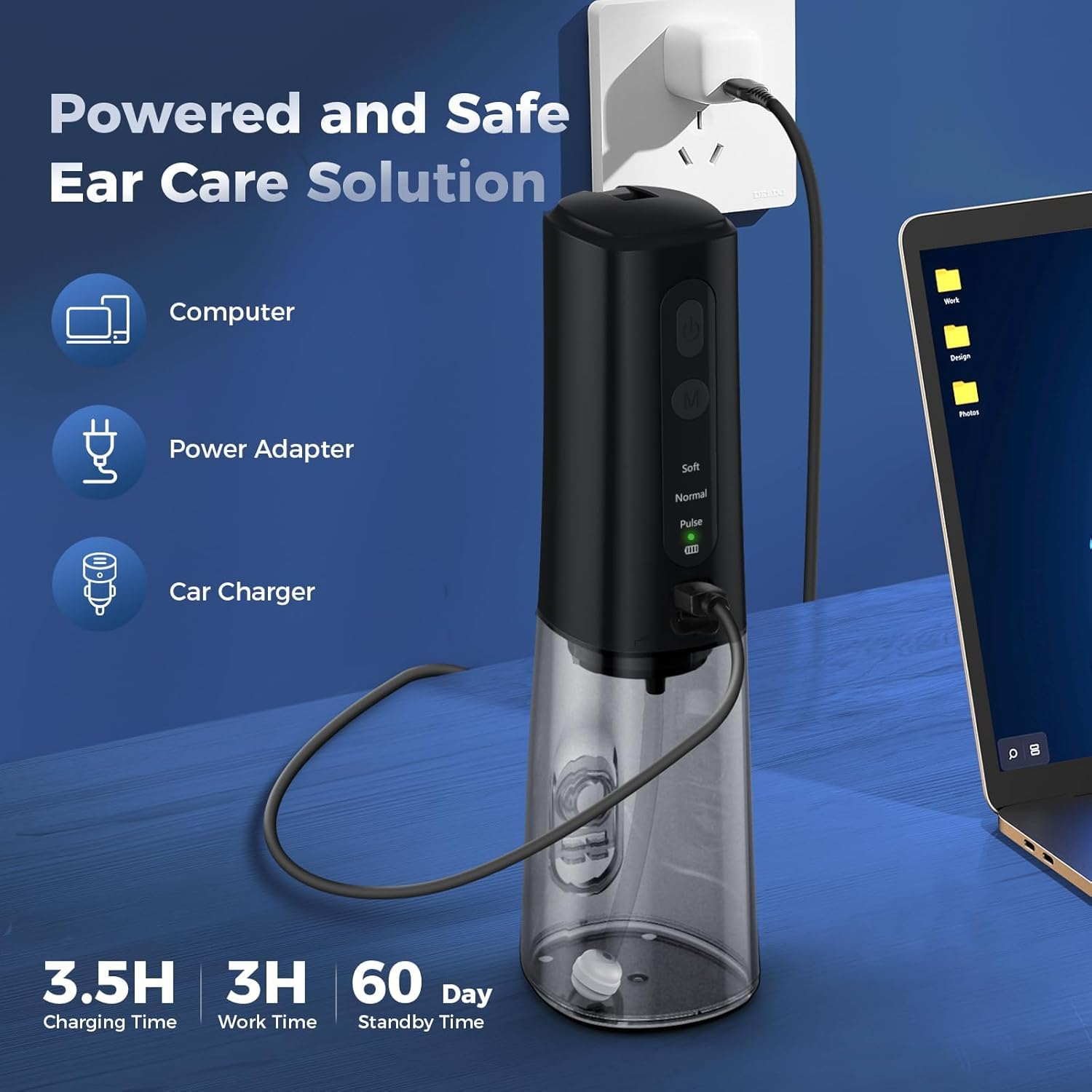 Kisfam Ear Cleaner Ear Wax Removal, Ear Wax Cleaner with 6 Reusable Replacement Tips and 3 Water Pressure Modes, Safe Electric Ear Wax Removal Tool, IPX7 Waterproof USB-C Rechargeable Black