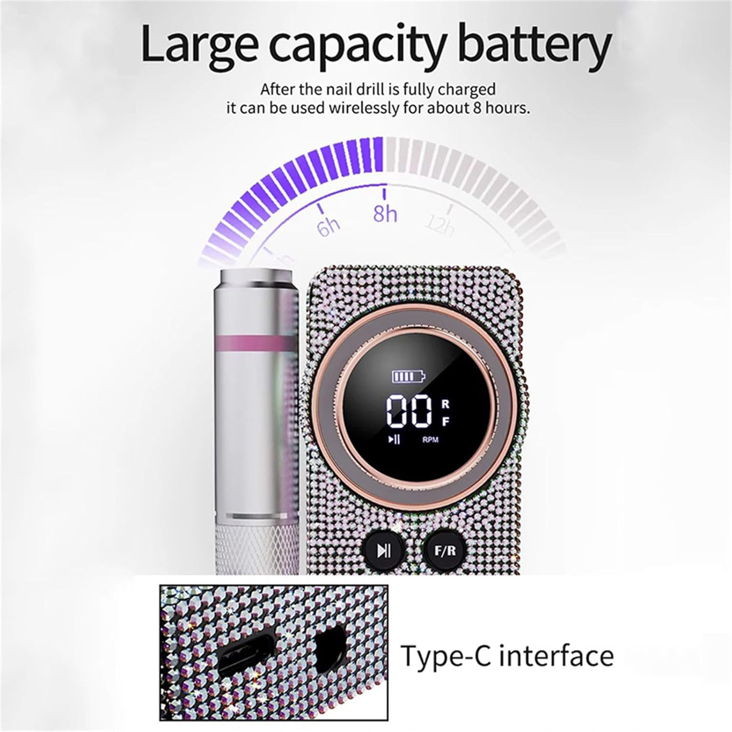 Bouzaak Professional Electric Nail Drill Kit,Diamond Shiny Rechargeable Nail Grinding Machine Low Noise Nail Polishing for Acrylic Gel Nails image number 6