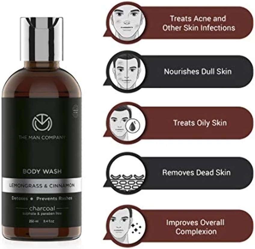 The Man Company Mens Body Wash, Charcoal Body Wash for Acne (8.4 Oz) - Exfoliating Body Wash with Lemongrass & Cinnamon, Shower Gel for Men Sulfate Free Body Wash, Paraben Free Body Wash image number 2