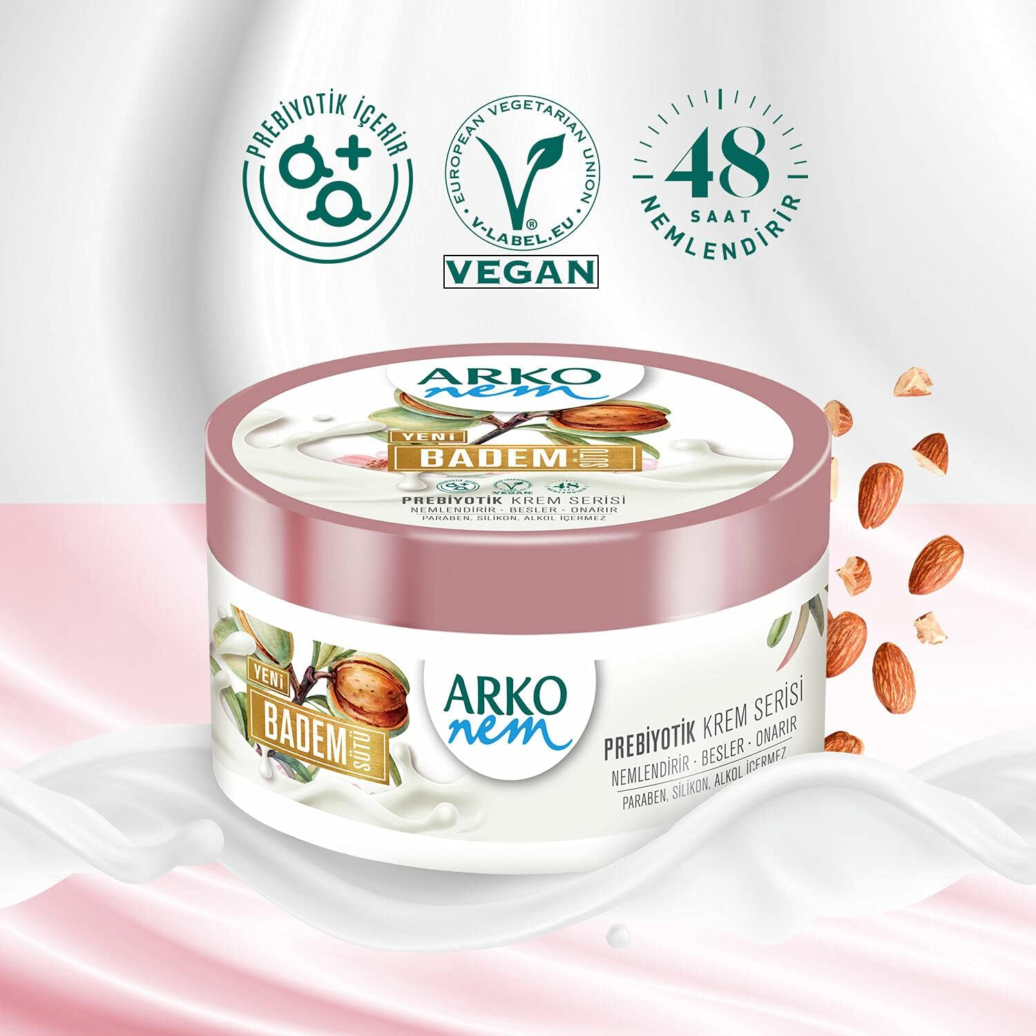 Arko Nem Prebiotic Vegan Face Body Skin Cream 250 Ml Free from Paraben Silicone Alcohol Moisturising up to 48 Hours Day Cream for Women Children Men (Almond Milk) image number 2