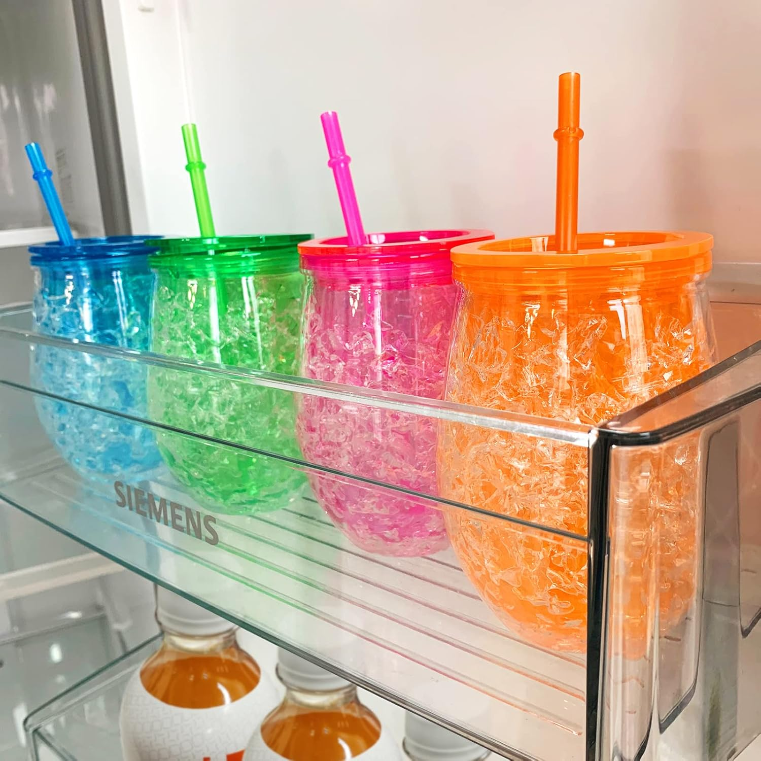 EASICOZI Cute Shape Frosty Freezer Ice Mugs with Straw Clear 11.8Oz Set of 4(Red, Green, Blue and Orange) (Oval) image number 3