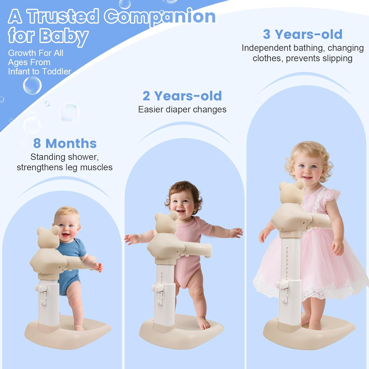 JOLLY BOFFIN Adjustable Baby Shower Stand with Slip Base, Huggable Bear Bathing Support, Bath Standing Seat image number 2