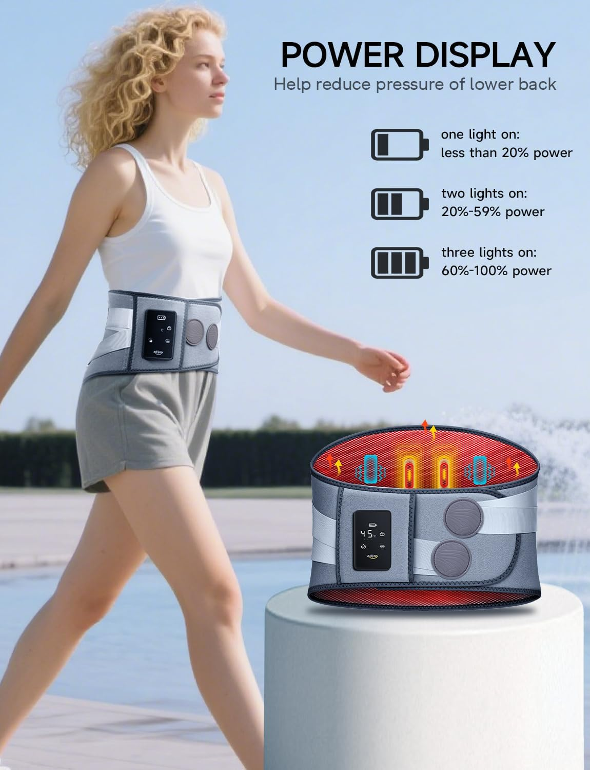 ALLJOY Cordless Heating Pad for Back, 60" Portable Lower Back Massager with Heat, Rechargeable Heating Pad for Cramps Pain Relief, 3 Heat 5 Vibration, Lock Screen, Lumbar Support, Gifts for Women Men image number 6