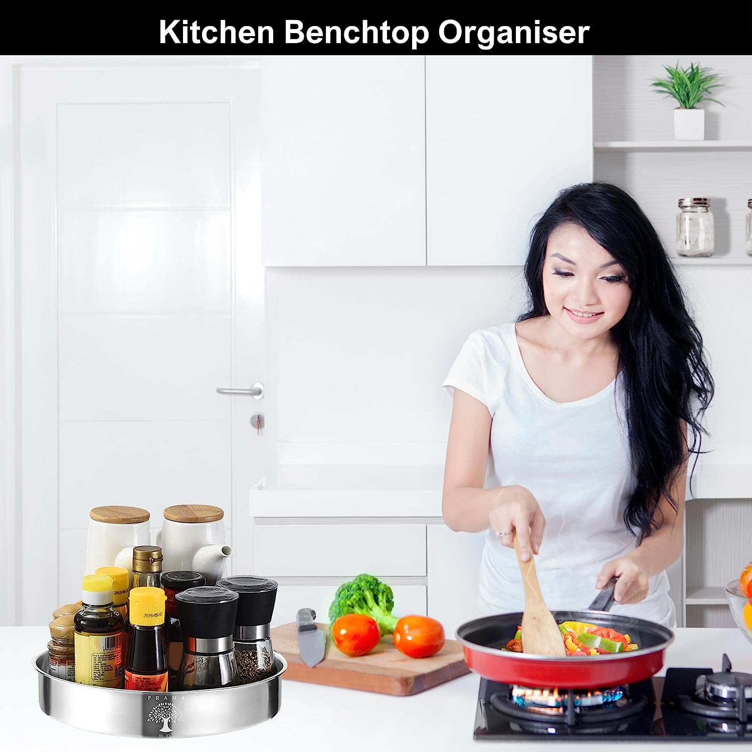 Prana HQ Lazy Susan Turntable Organiser -10" Stainless Steel Rotating Tray-Storage & Organisation of Spice Jars,Sauce & Oil Bottles,Condiments in Pantry,Kitchen Benchtop, Fridge,Table.Smooth Spin. image number 1
