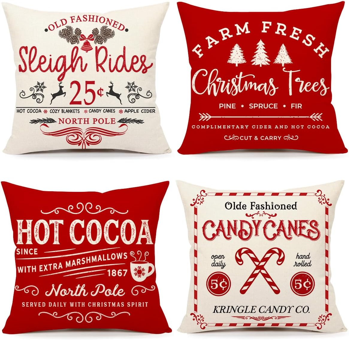 Farmhouse Christmas Pillow Covers 18X18 Set of 4 Winter Holiday Decorations Xmas Red Green Rustic Throw Cushion Case for Sofa Couch Home Decor (Sleigh Rides, Farm Fresh Tree, Cocoa, Candy Canes)