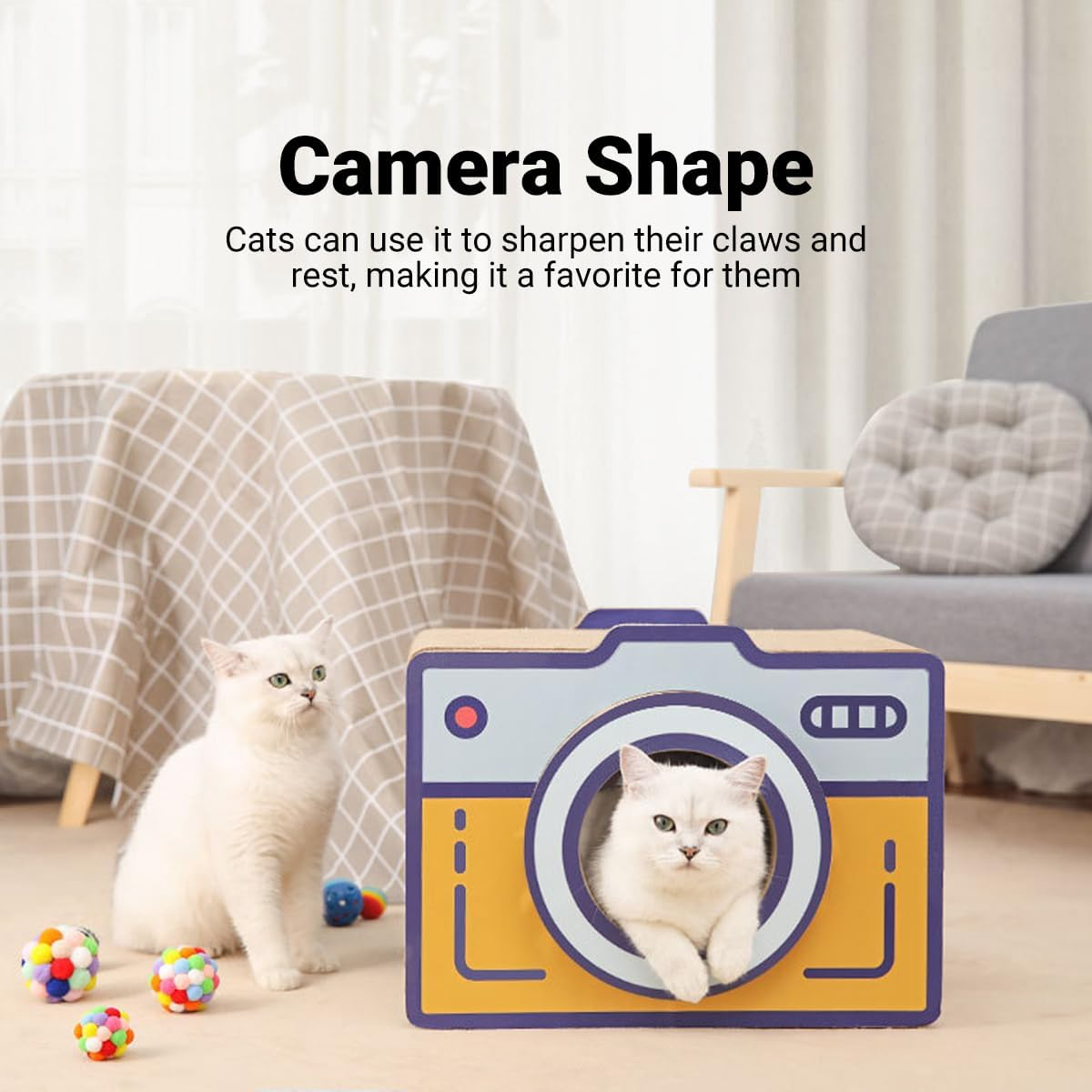 AIMALL Corrugated Cat Scratch Board Retro Camera Style Vertical Cat Nest House Durable Yellow Cardboard Cat Toy Furniture for Indoor Pets image number 4