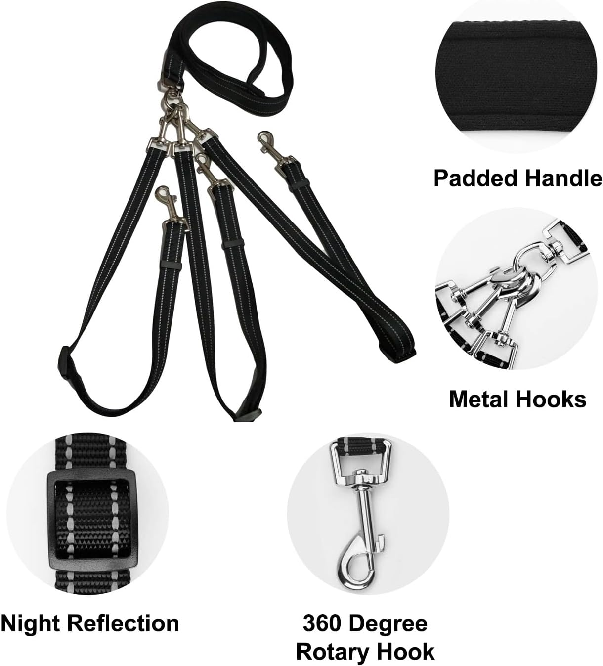 Esenlong 3 Way Dog Leash, Reflective Dog Lead with Padded Handle, Removable Dog Leash image number 5