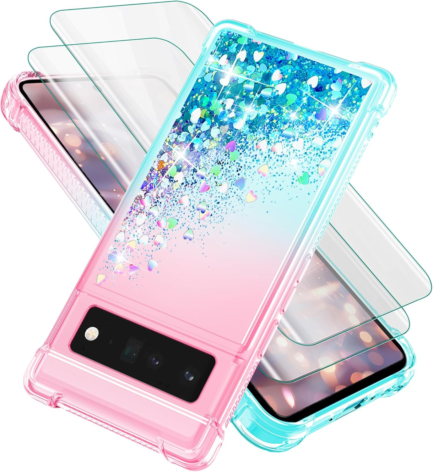 For Pixel 6 Pro Phone Case with Screen Protector*2, Clear Liquid Sparkle Glitter Floating Quicksand Phone Case, Soft TPU Bumper Shockproof Protective, Google 6 Pro Case for Women Girls, Pink/Blue image number 4