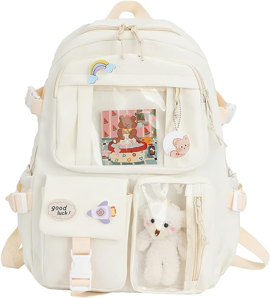 Kawaii Backpack with Pendant, Large Capacity Cute Bear Accessories Backpack for School Multi Pocket Rucksack for Teen Girls Cute Kawaii School Backpacks