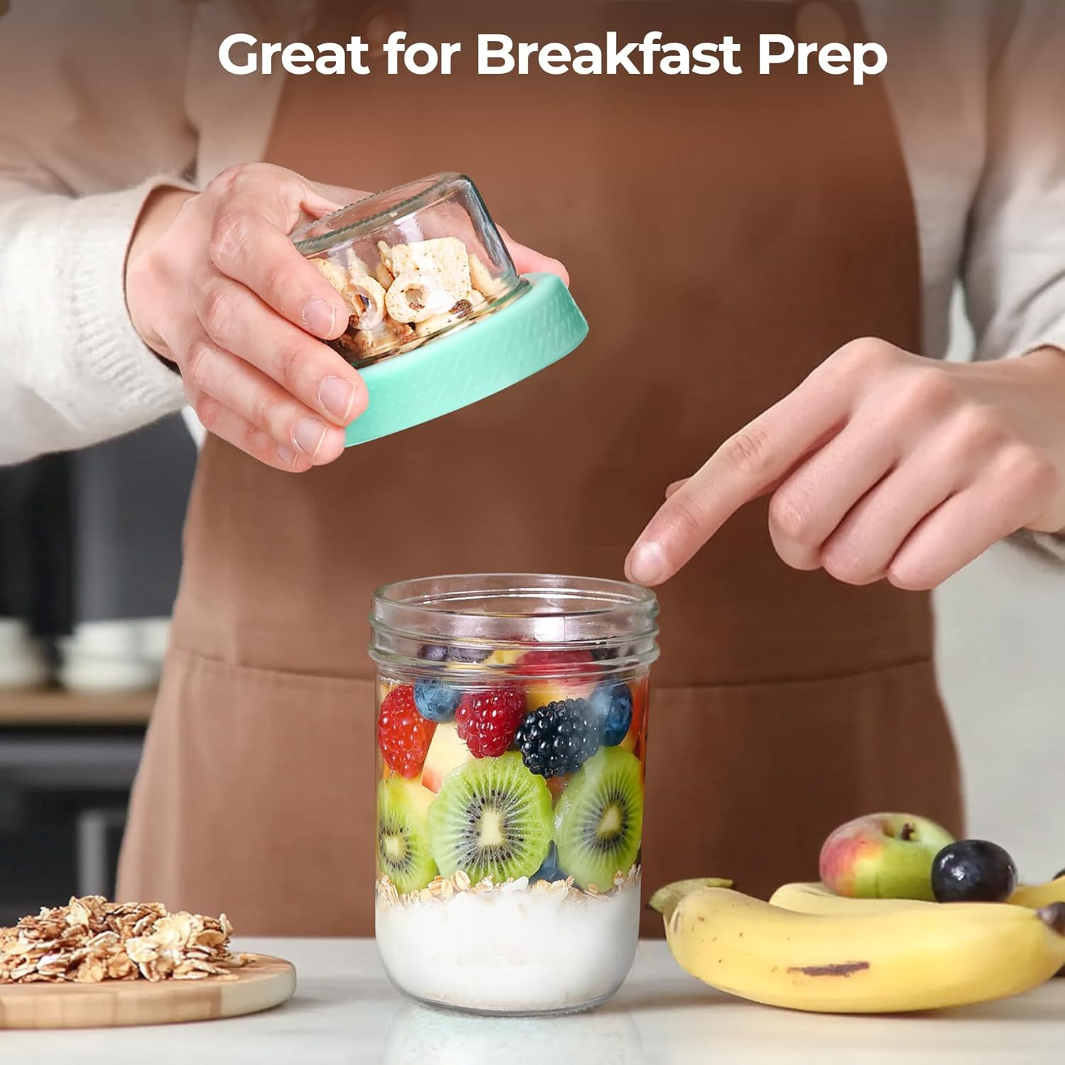 Comsaf 4 Pack 16Oz Overnight Oats Container Jar with Lids, Dual-Laryer Chia Pudding Jars with Dry and Wet Separation, Yogurt Parfait Cups for Oatmeal Cereal Nut Fruit, Meal Prep Glass Jars for Salad image number 3