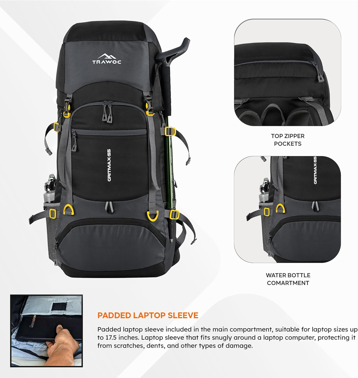 TRAWOC GRITMAX 55 Litre Travel Bag Front & Top Open Backpack for Hiking Trekking Camping, Rucksack for Men & Women with Rain Cover and Shoe Compartment image number 6