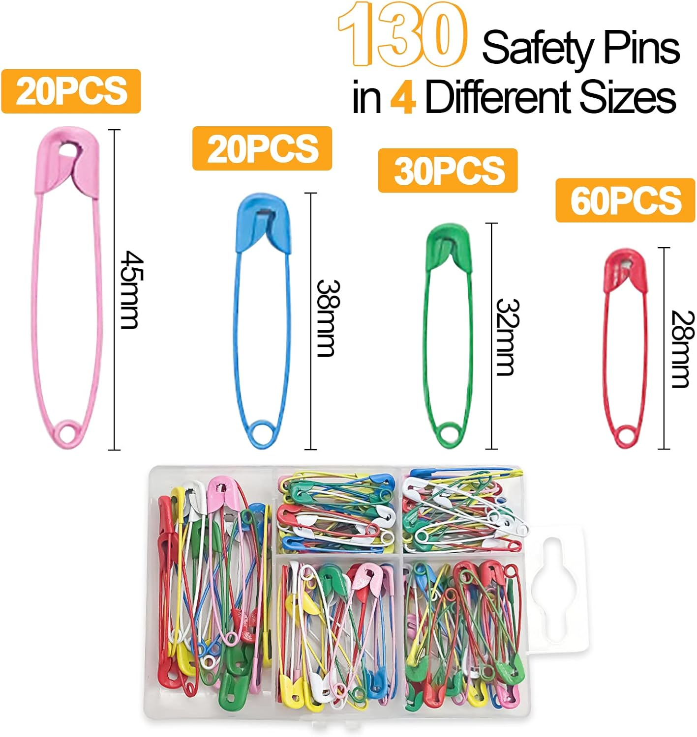 130 Colored Mini Metal Safety Pins with Storage Box, 4 Sizes (28Mm, 32Mm, 38Mm, 45Mm) for Art, Craft, Sewing, Jewelry Making, Dressmaking