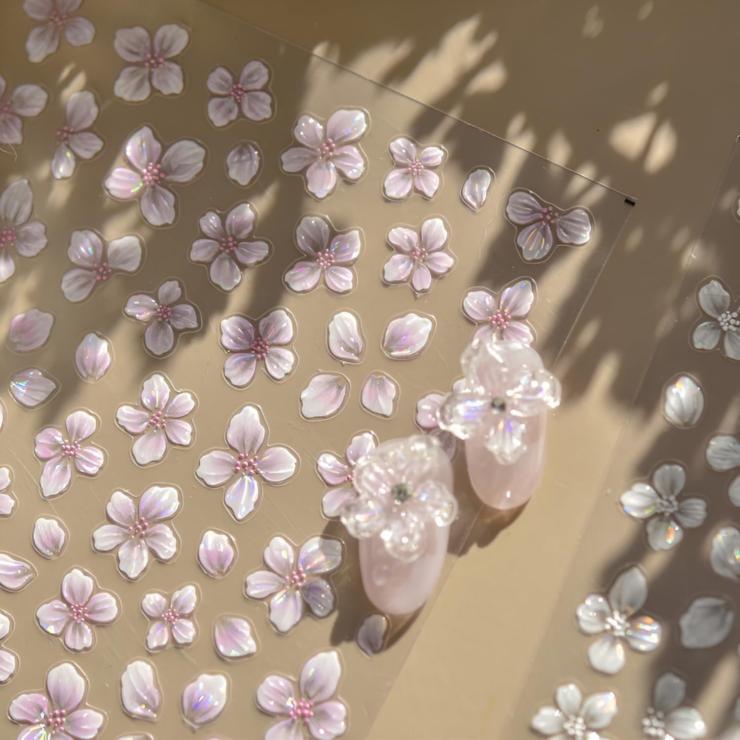 Proxima Direct 1Sheet Flower Nail Sticker for Nail Art, 5D Embossed White Flower Nail Decals Summer Hibiscus Spring Summer Nail Art Supplies for Women Girls (White) (Pink) image number 2