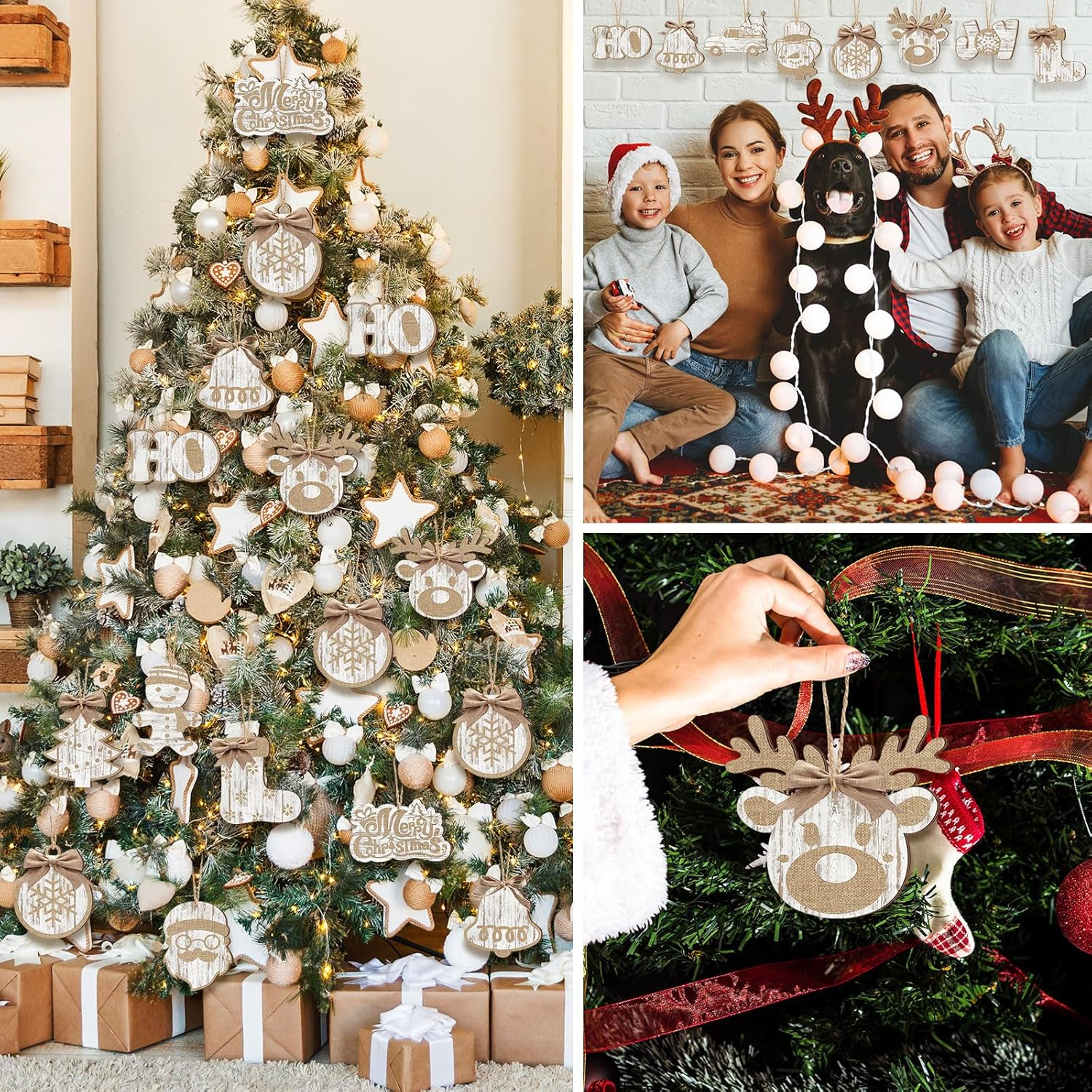 36 Pieces Christmas Buffalo Plaid Hanging Ornaments Christmas Tree Wooden Hanging Decor Wooden Christmas Ornaments Snowflake Reindeer Snowman Plaid Christmas Decor, 12 Styles (Wood Color) - Wood Color image number 2