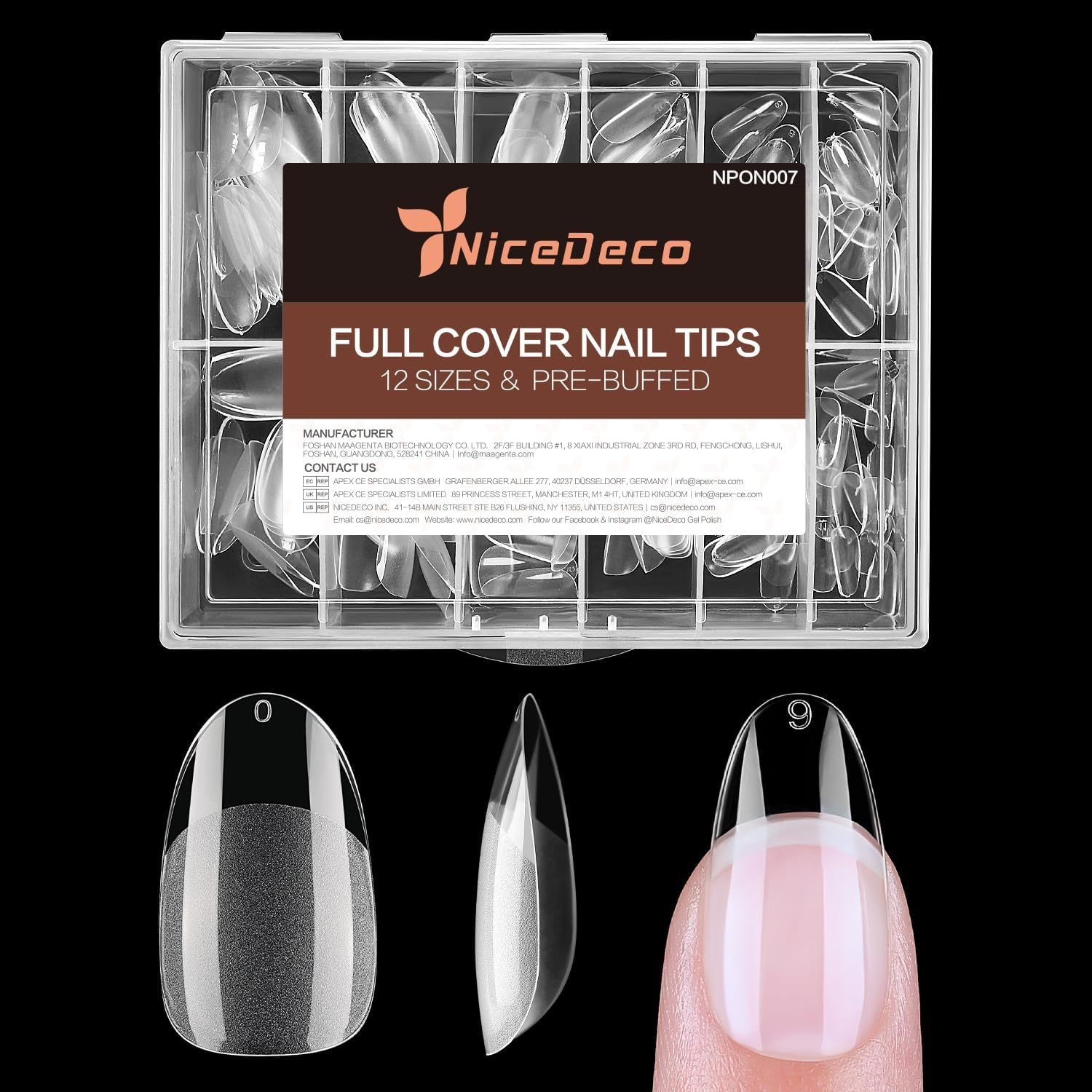 Nicedeco Short Almond Full Cover Nail Tips Press on Nails Clear - False Nails Soft Gel Tips 12 Sizes 216 Pieces - 008