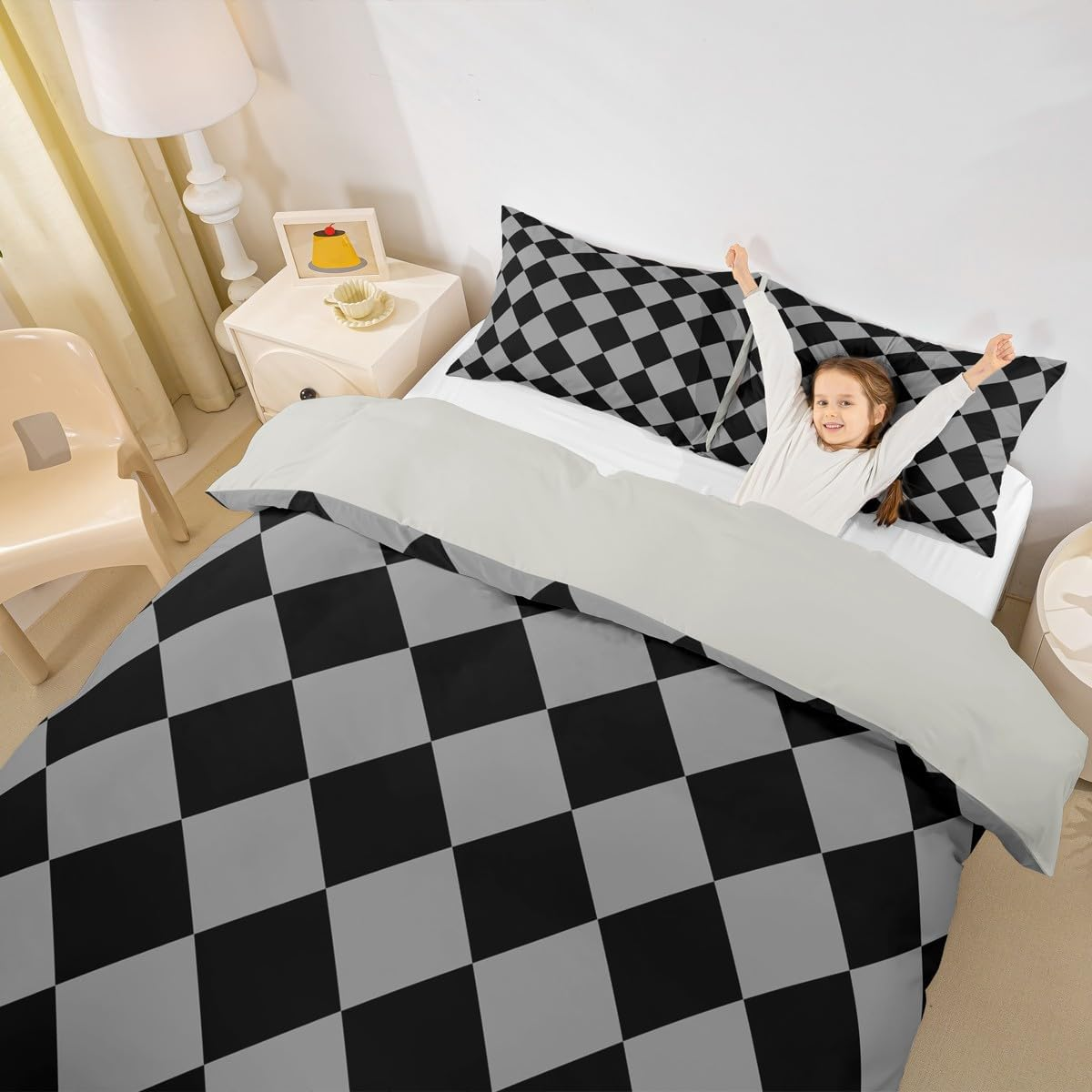 Homemissing Grey and Black Checkered Duvet Cover Set Single Size for Kids Boys Girls Diamond Grid Bedding Set Groovy Geometric Duvet Cover with 1 Pillowcase Neutral Aesthetic Plaid Bedding