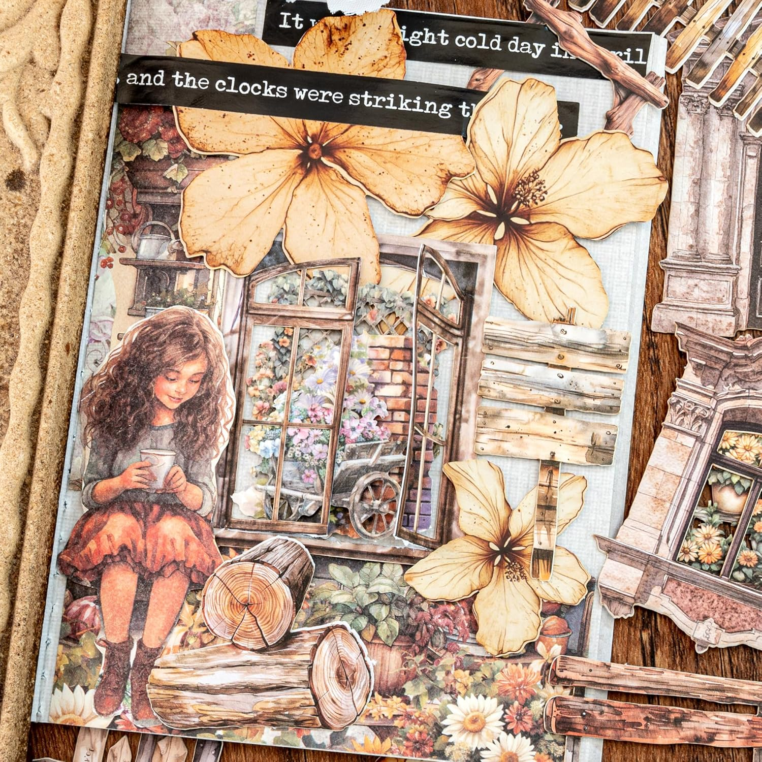 Retro Scrapbook Stickers Set - 4 Packs Thick Paperboard Stickers with Antique Clock, Sewing Machine, Rustic Fence, Vintage Ephemera for Journal, Planner, Craft, Collage & Card Making (Cyrus) image number 1