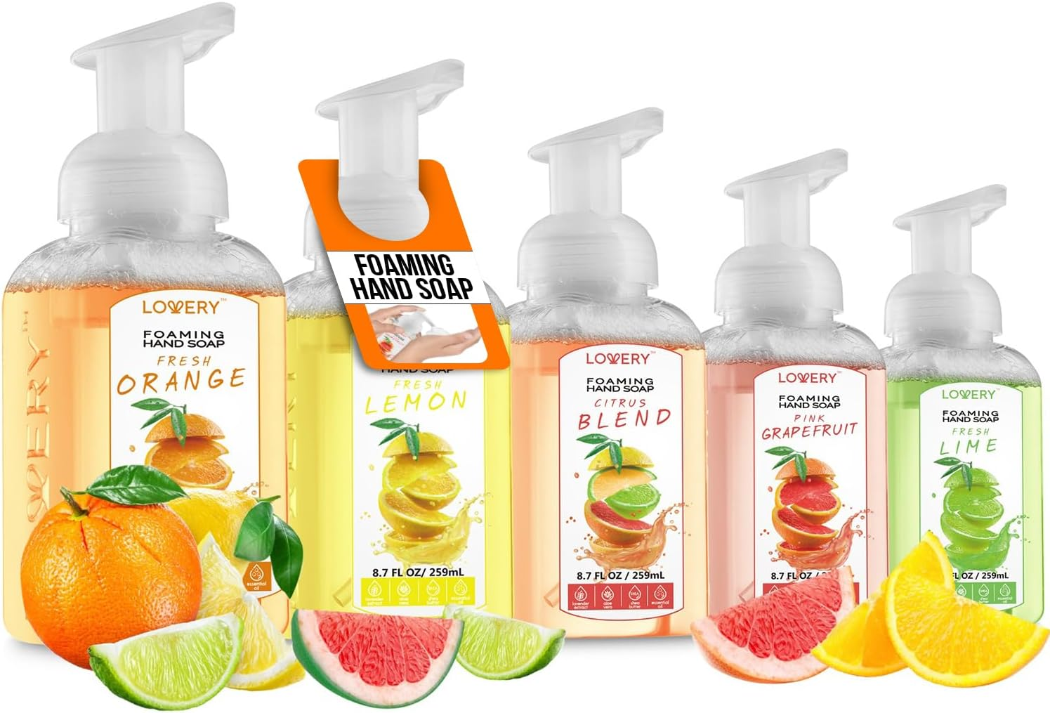 Lovery Foaming Hand Soap - Pack of 5 - Moisturizing Hand Soap with Aloe Vera & Essential Oils - Alcohol-Free Hand Wash in Citrus Blend, Lemon, Orange, Lime, Pink Grapefruit - Scented Hand Wash for Kitchen or Bathroom - Free Swarovski Bracelet