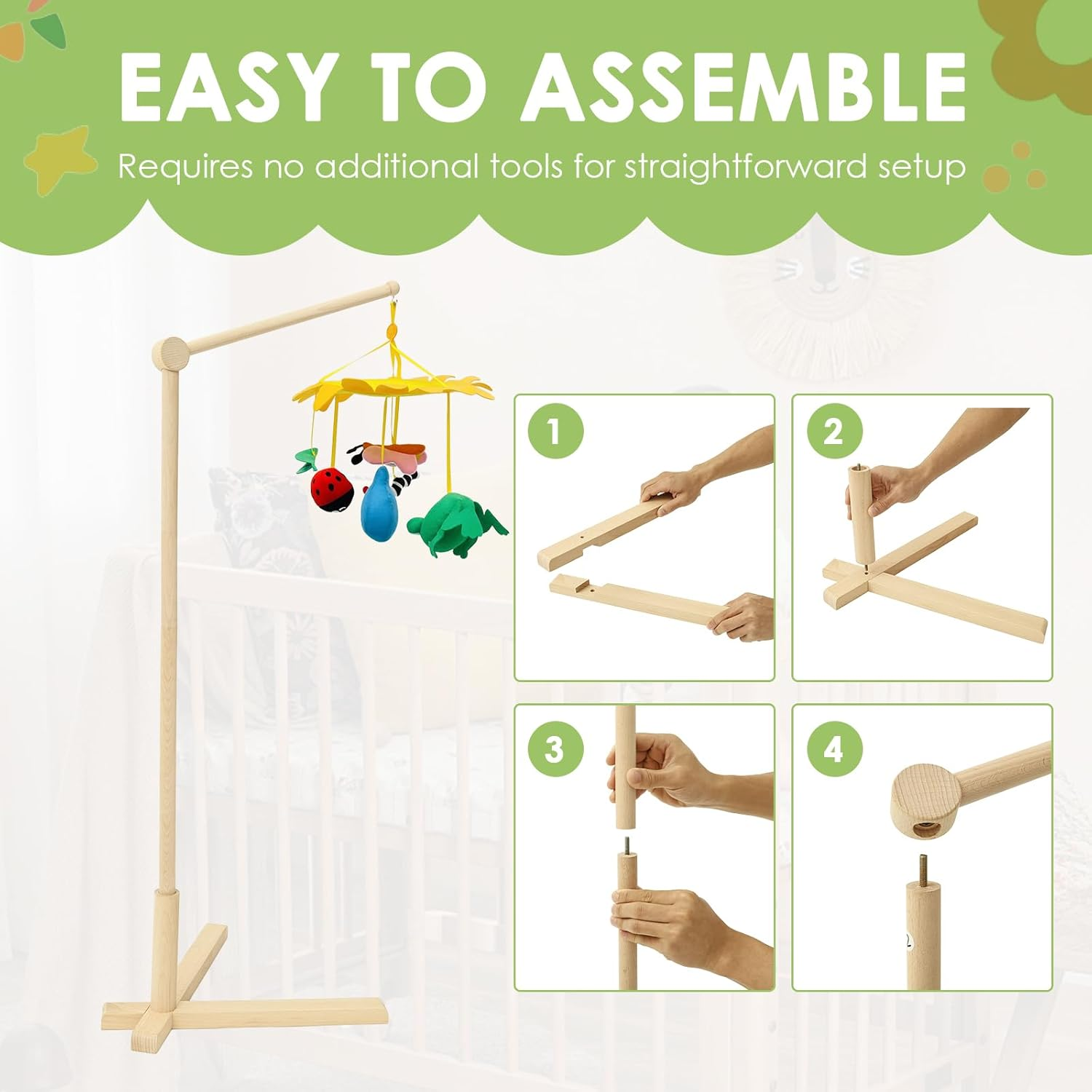 Wooden Floor Standing Baby Mobile Holder, 153.5Cm Adjustable Arm for Crib, Mobile Hanger Stand for Nursery, No Drill Needed, Safe Baby Bed Toy & Decor for Newborns image number 6