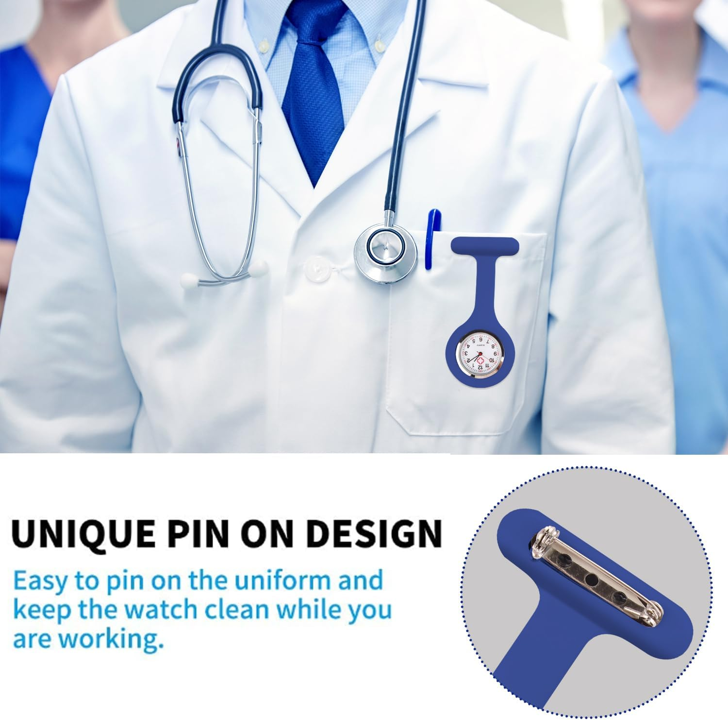T Tersely 3 Pack Nurse Watch Brooch, Nurse Fob Watches, Silicone Nurse Doctor Brooch Fob Watch Lapel Pin Clip on Hanging Pocket Watch for Men Women image number 6