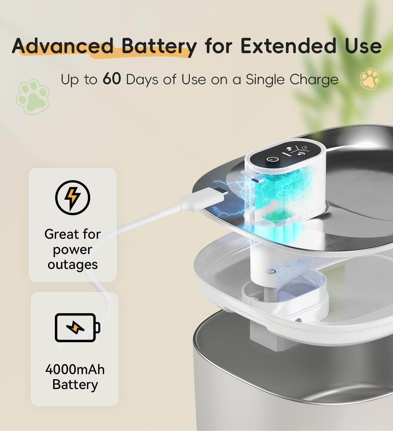 Cat Water Fountain Stainless Steel, 138Fl.Oz / 4.1L Wireless Cat Fountain, Pet Water Fountain Cordless for Cats & Dogs Indoor image number 3