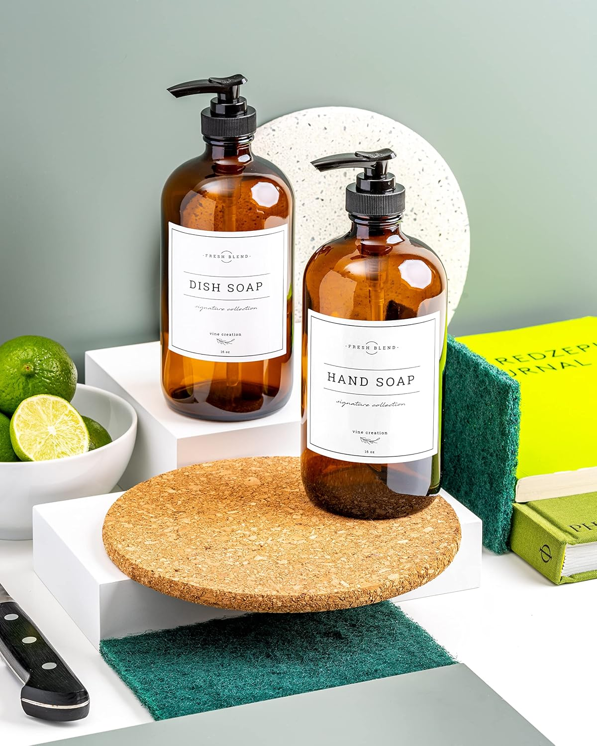 Vine Creations Amber Glass Soap Dispenser 2 Pack, Thick 16Oz Glass Bottles with Black Plastic Pump, Modern Kitchen Bathroom Decor, Hand Soap and Dish Soap Dispenser Jar, with Waterproof Labels (Amber)