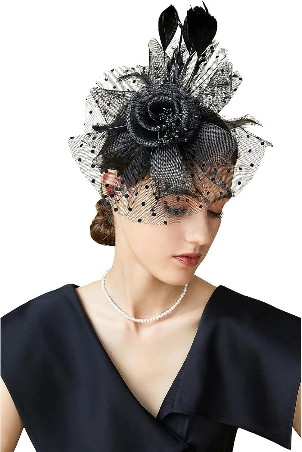 Women'S Floral Mesh Feather Headdress Hat, Party Cocktail Tea Wedding Evening Gown Women'S Veil Gauze Hair Accessory image number 3