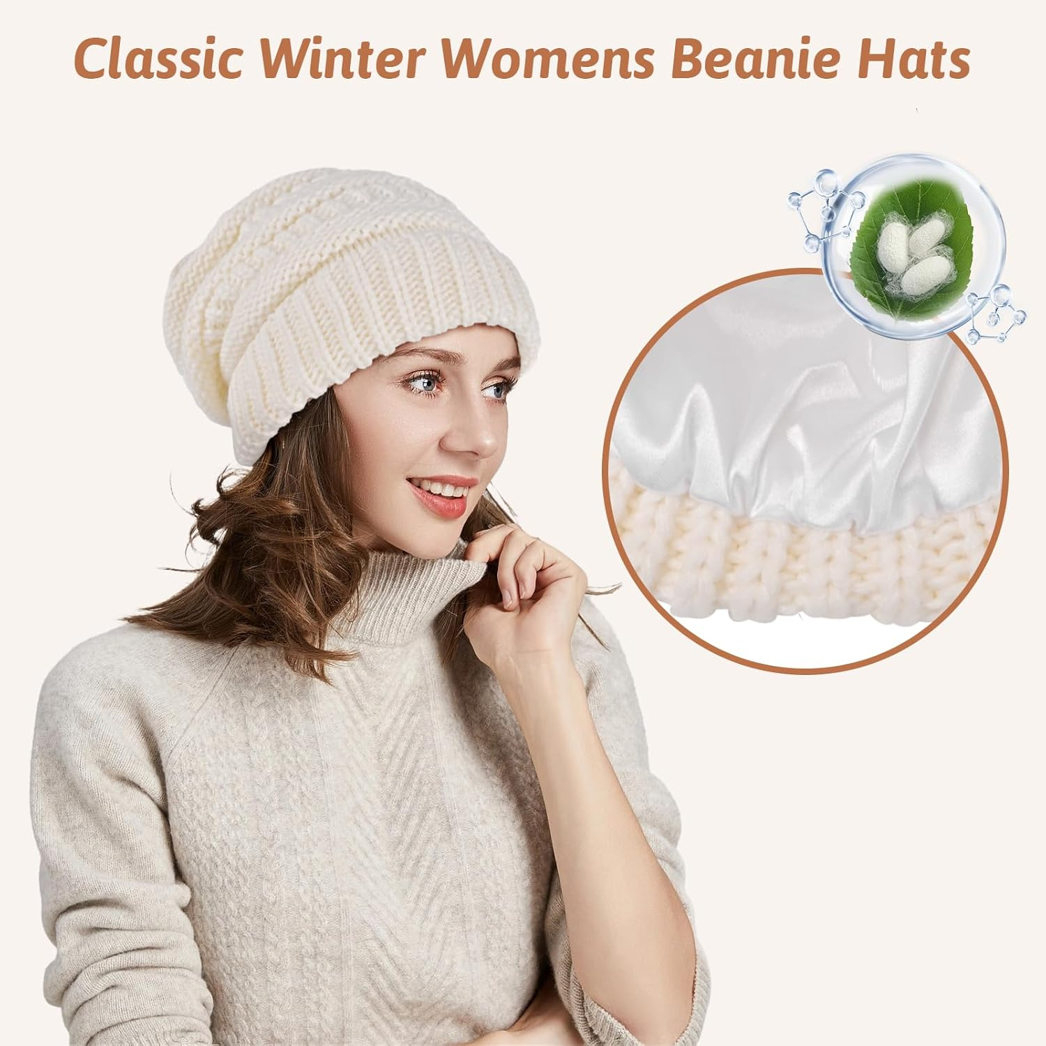 SGQTZDZQ Satin Lined Beanie Hats for Women, Warm Slouchy Ladies Winter Hats, Classic Fashionable Wooly Cable Knit Skull Cap - Blue-Gray image number 3