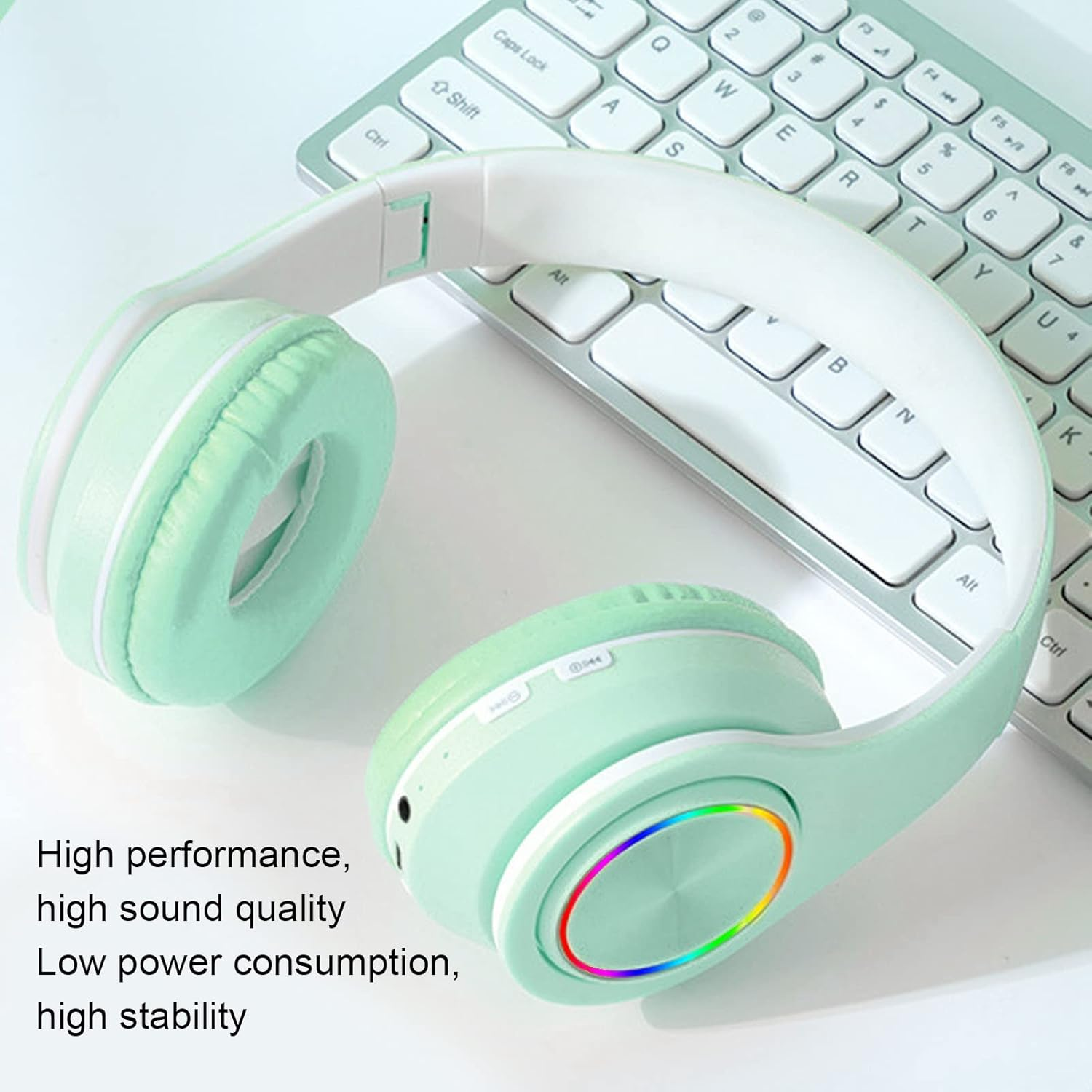 Elprico Bluetooth Headphones, Noise Reduction, Foldable Wireless Over-Ear Headphones with Colourful Light for Phone Laptop (Green) image number 3