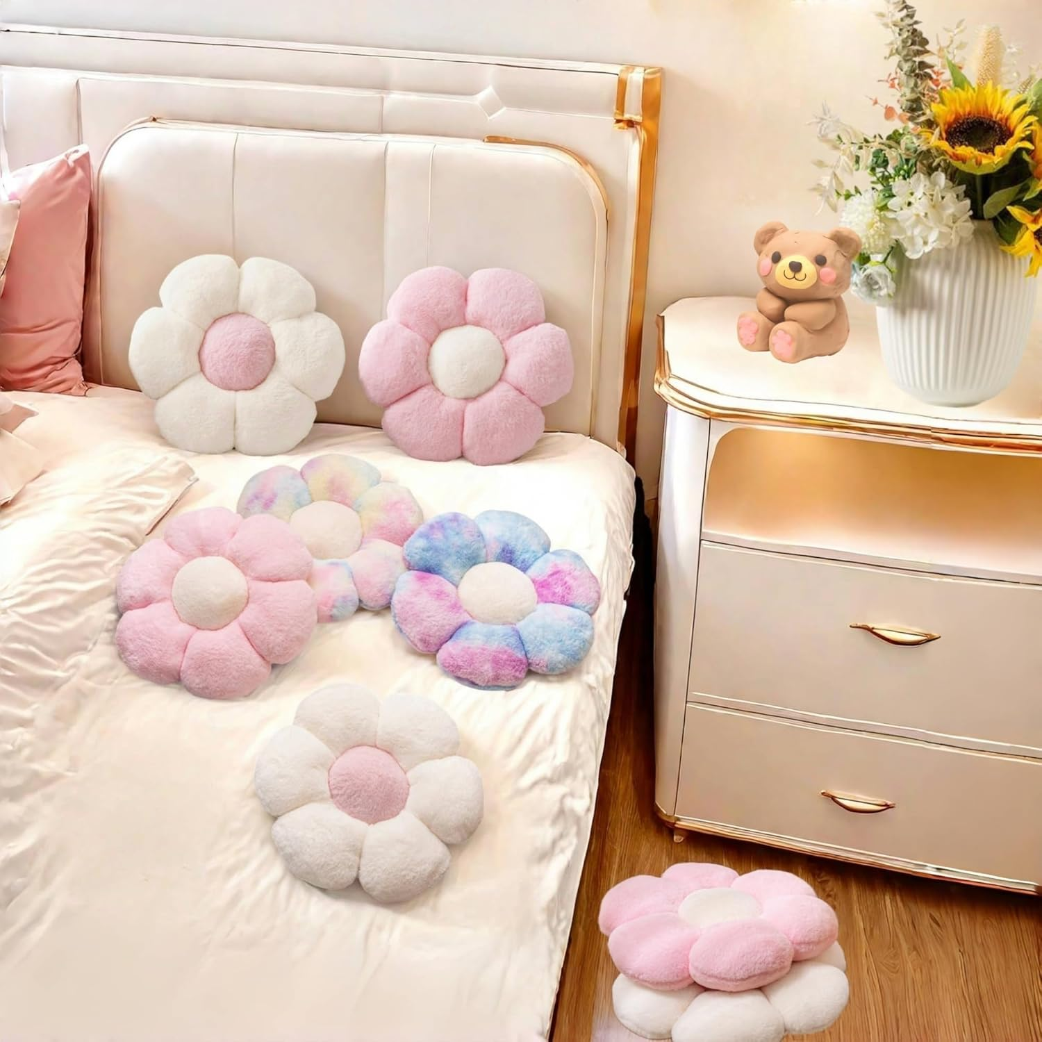 2 Pcs Flower Pillow Cute Pink Throw Pillows Daisy Flower Shaped Floor Cushions Set, Preppy Decorative Throw Pillows for Girls Bed Bedroom Couch Decor (Multicolour Purple & Multicolour Pink) - White  Multicolour Pink image number 3