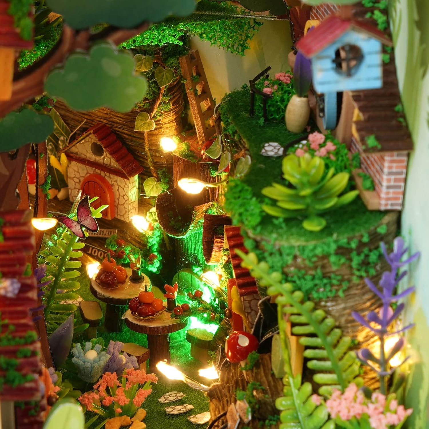 Cuteefun DIY Book Nook Kit, DIY Miniature House Kit with Furniture, 3D Puzzle Bookends, Booknook Bookshelf Insert Kits, Birthday Gift (Firefly Forest) - B Colmar Town image number 2