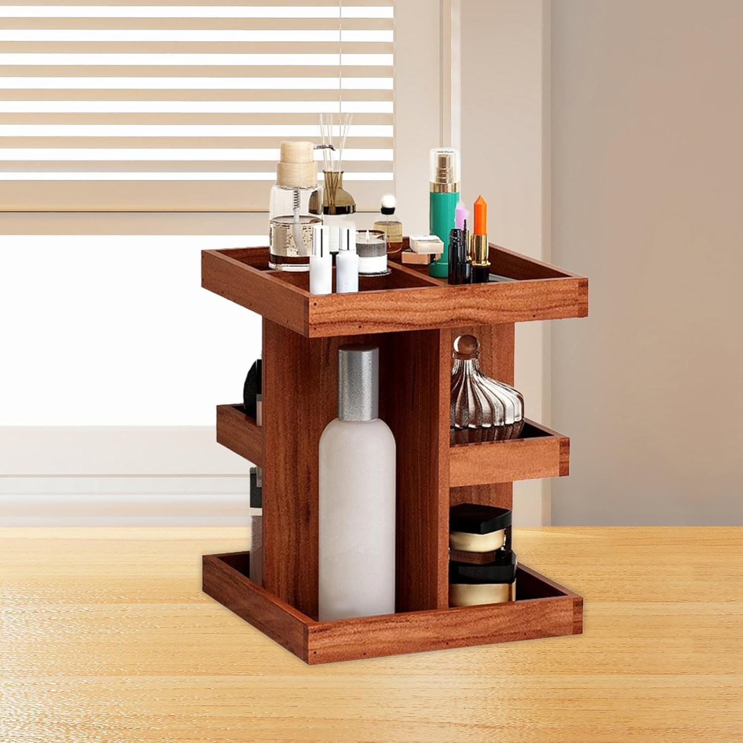 Kokiya Organizer Rotating Cosmetic Storage Box, Retro Design Cosmetic Rack, Wooden Makeup Holder for Home,Bathroom, image number 1