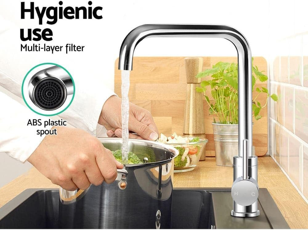 Cefito Kitchen Tap, 360&deg; Gooseneck Sink Mixer Taps Spray Head Rotating Faucet Water Aerator for Home Bathroom Laundry, Brass Body Hot and Cold Switch Silver