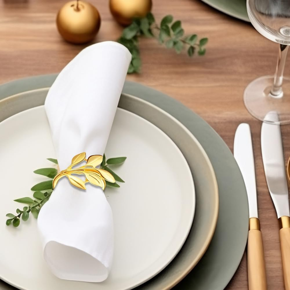 Gold Napkin Rings Set of 12 - Metal Leaf Fall Napkin Rings for Dinner Table Decor, Wedding, Kitchen, Banquet, Holiday, Everyday Party - Leaf image number 6