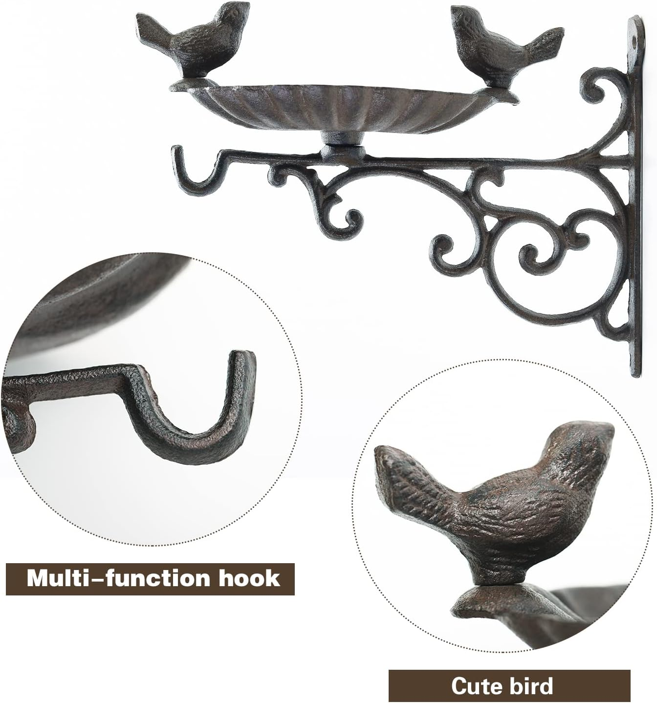 Sungmor Heavy Duty Cast Iron Bird Feeder with Hanging Bracket - Wall Mounted Bird Bath - Vintage & Lovely Birds Hanger Wall Hook for Planters, Lanterns, Wind Chimes and More Garden Decorative Items image number 2